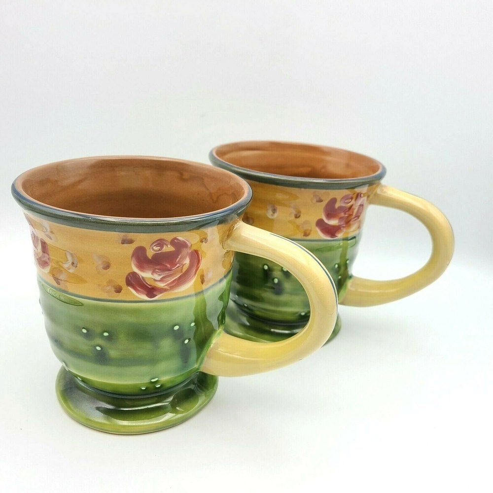 Cardinal Inc. Hand Painted Mugs Tuscan Floral Design Big Coffee Mugs Set of 2